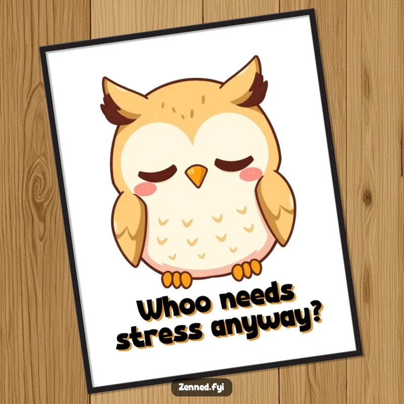 Funny Free Printable Kawaii Owl Wall Art, breathing deeply with a gentle smile, serene downloadable decor.