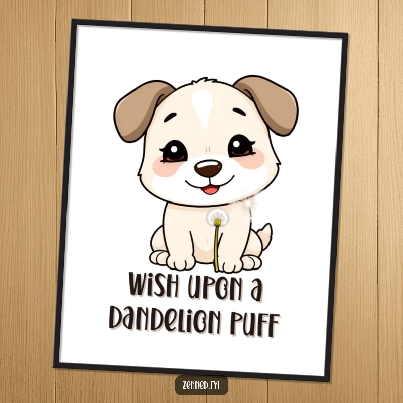 Funny Free Printable Wall Art: A smiling dog gently blowing on a dandelion puff, a hopeful and whimsical downloadable piece.