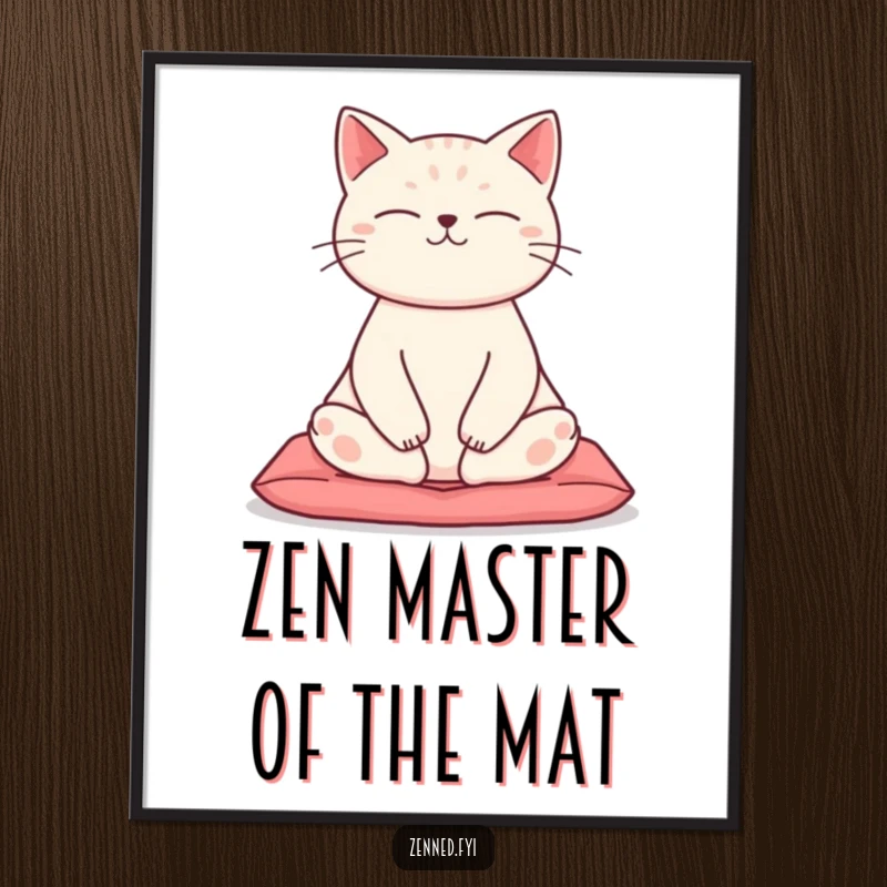 Funny Free Printable Wall Art: A calm cat doing yoga in lotus position on a cushion, radiating peace, downloadable decor.