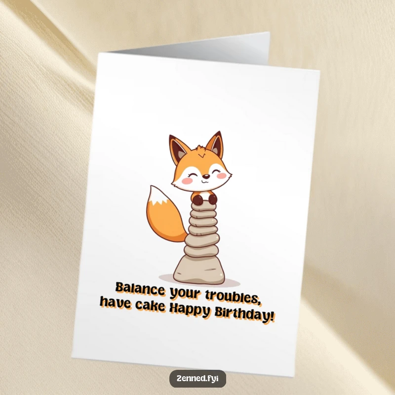 Funny Free Printable Birthday Card: Cheerful fox expertly balances stone cairns, bringing smiles and laughs.