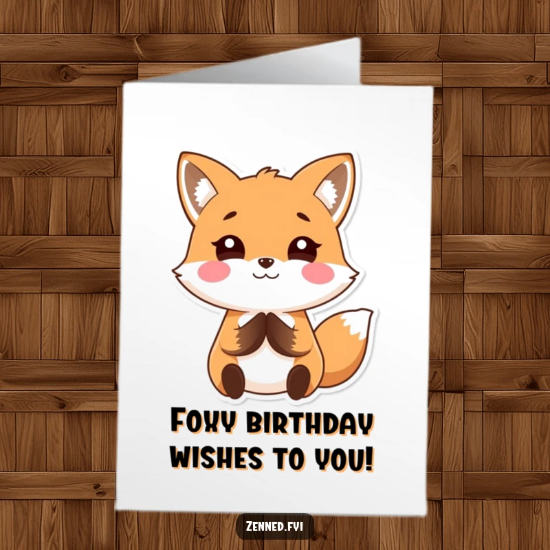 Funny Free Printable Kawaii Fox Birthday Card: Smiling fox with hands together, offering a peaceful and downloadable greeting.