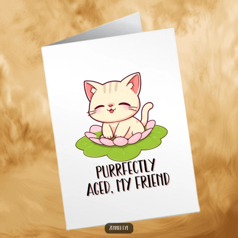 Free Printable Birthday Card: Playful cat floating serenely on a lily pad, enjoying a calm day.