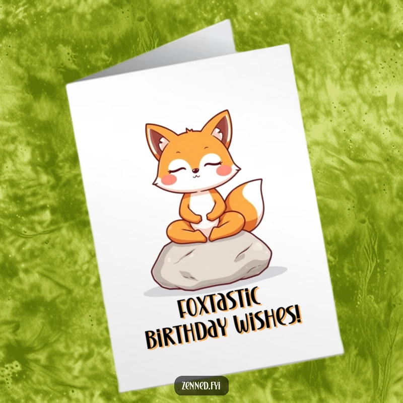 Free Printable Birthday Card: A cheerful fox meditates peacefully atop a stone with eyes closed.