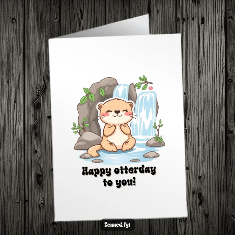 Funny Free Printable Birthday Card: A playful otter meditating serenely beside a small waterfall, radiating inner peace.