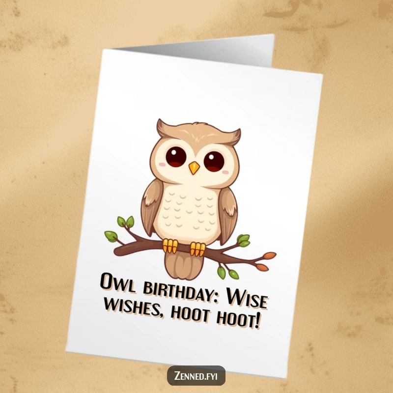 Funny Free Printable Birthday Card: A gentle owl perches, still and centered, radiating wise, humorous birthday wishes.