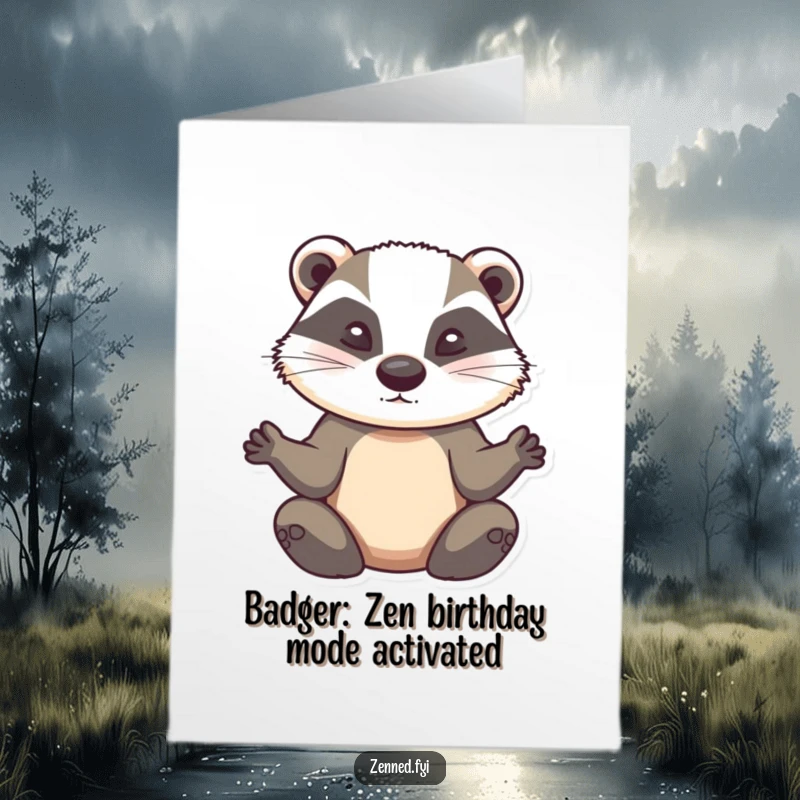 Funny Free Printable Birthday Card featuring a determined badger meditating intensely with a serene, unwavering gaze, ready for laughs.