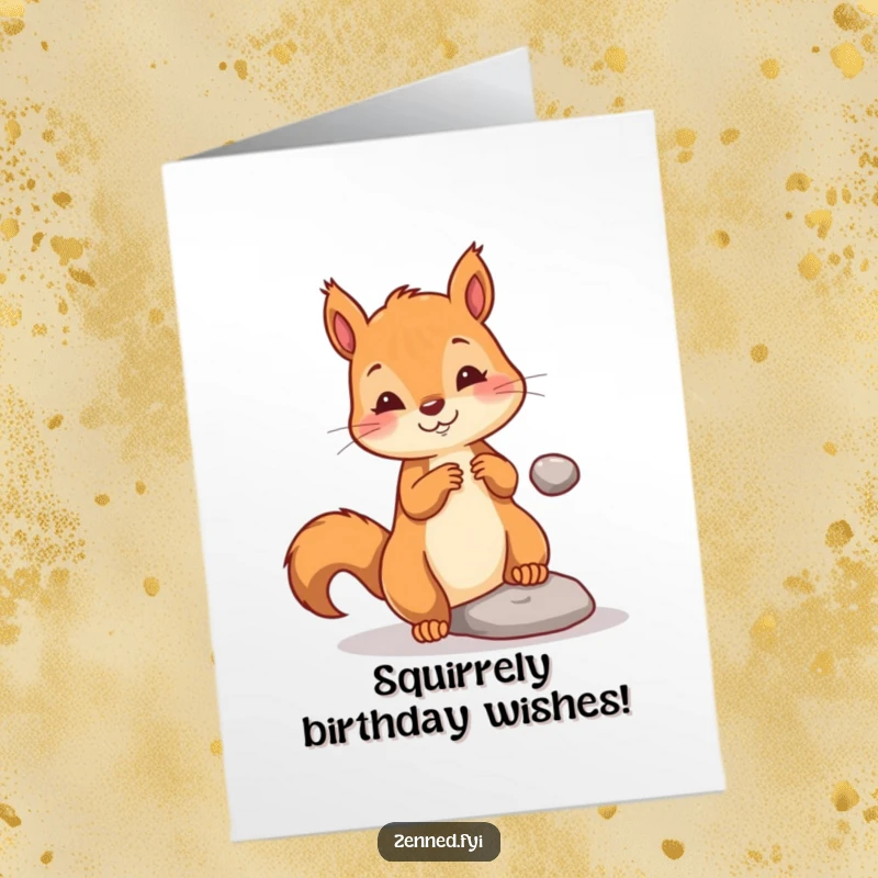 Funny free printable birthday card showing a playful squirrel using psychic powers to levitate a tiny pebble.