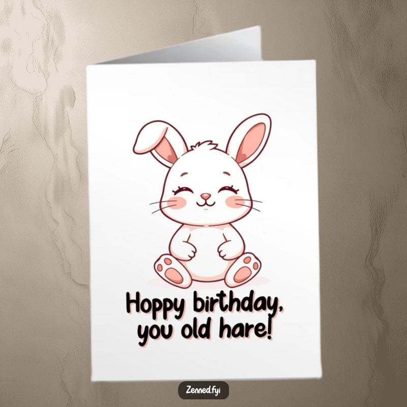 Funny Free Printable Bunny Birthday Card: A smiling, meditating bunny with closed eyes, wishing a happy birthday, downloadable gift.