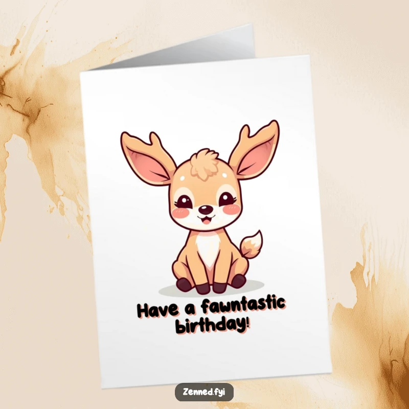 Funny Free Printable Kawaii Deer Birthday Card, surrounded by soft light rays, radiating joy and good wishes.