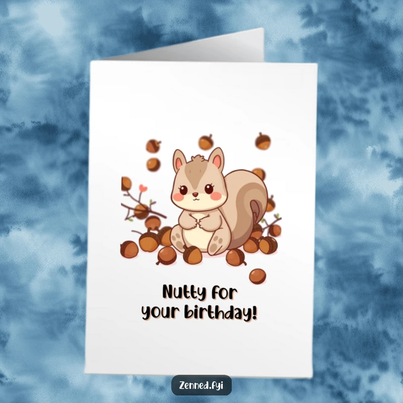 Funny Free Printable Kawaii Squirrel Birthday Card, playfully sitting amidst scattered acorns, cheerful and cute.