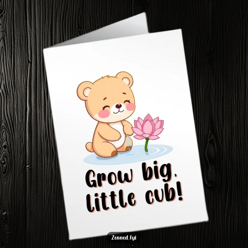 Funny Free Printable Birthday Card: A small, giggling bear cub gently watering a tiny, blooming lotus flower with cheerful delight.