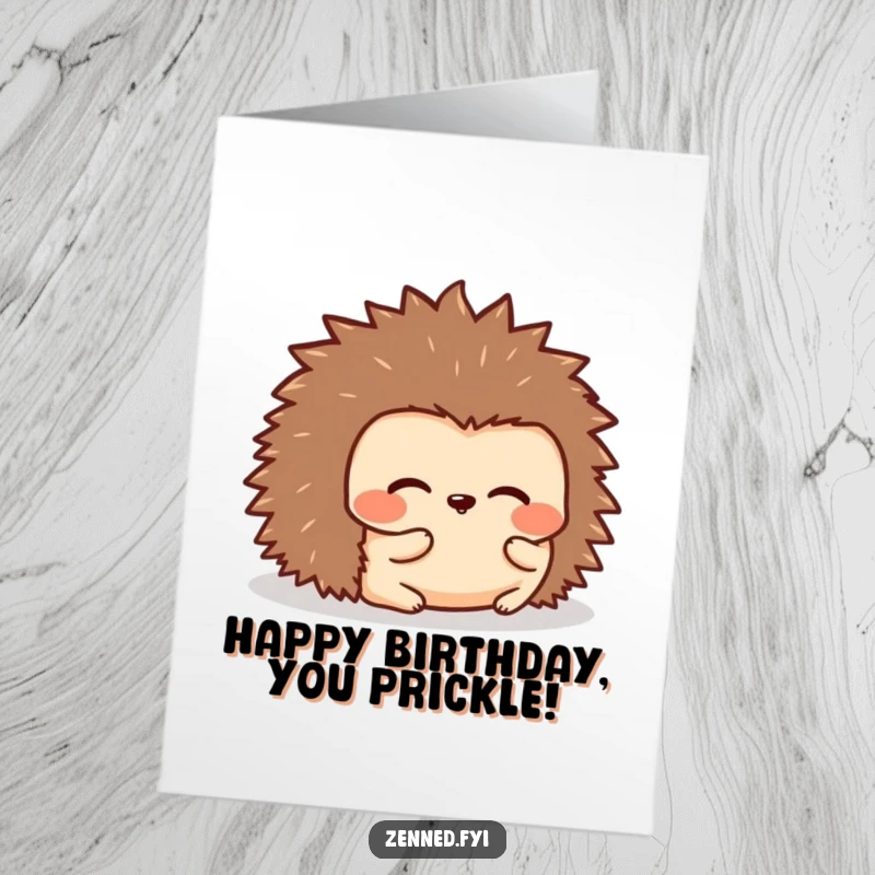 Funny Free Printable Birthday Card: A kawaii hedgehog is peacefully rolled into a ball, perfect for birthdays.