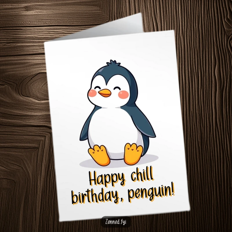 Funny free printable birthday card showing a proud penguin in a perfectly balanced meditative posture, radiating calm.