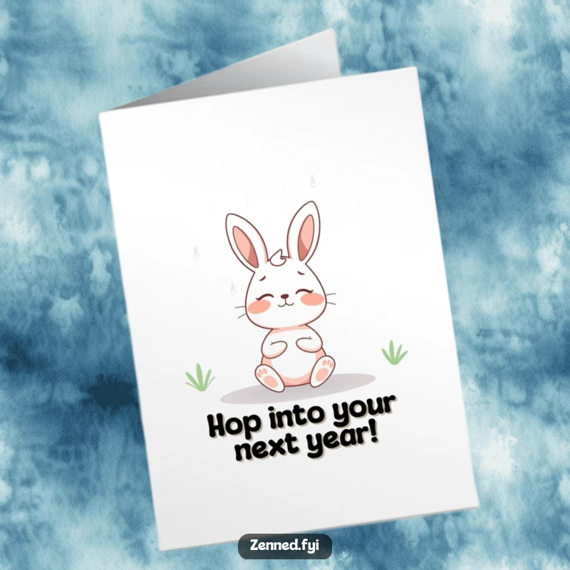 Free Printable Birthday Card: Cheerful rabbit meditating peacefully under a gentle rain, bringing good vibes.