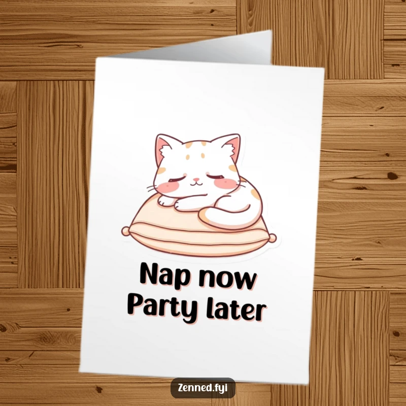 Funny Free Printable Birthday Card: a content cat curled asleep on a cushion, radiating pure relaxation and humor for your DIY gift.