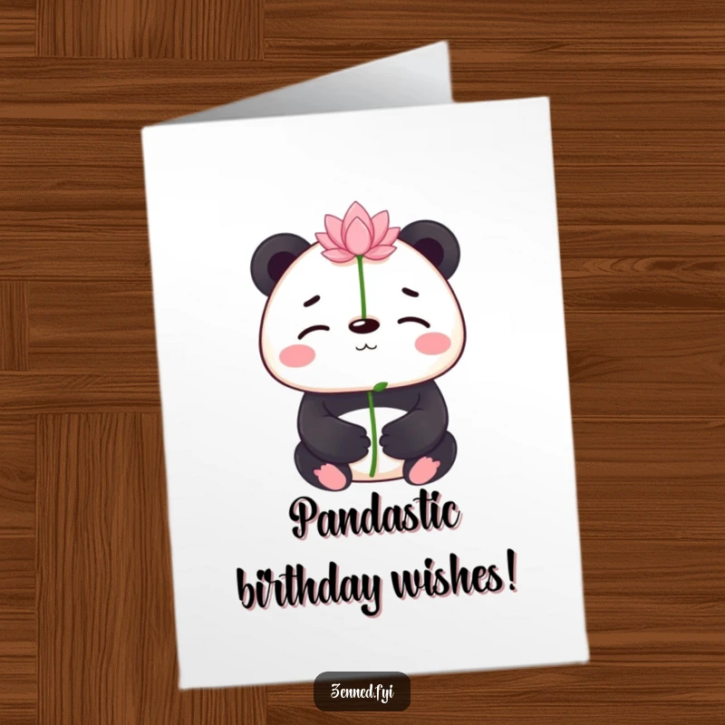 Free Printable Birthday Card: Serene panda balancing a tiny lotus flower on its nose. Peaceful, funny.