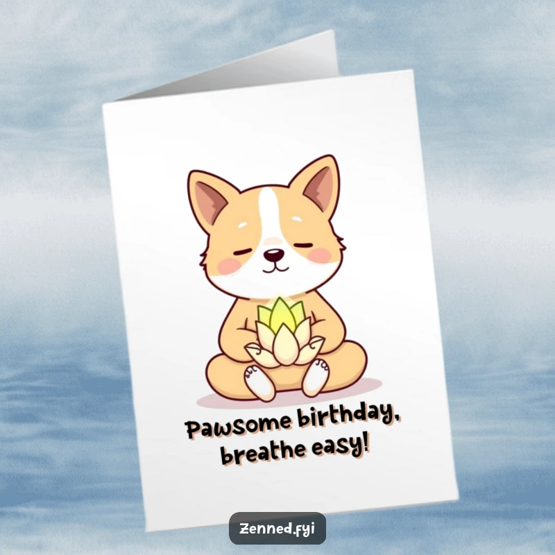 Funny Free Printable Birthday Card: A serene dog meditating peacefully beside a small, smiling lotus flower.