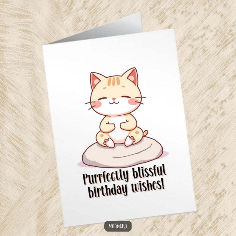 Funny free printable birthday card featuring a cheerful Kawaii cat character meditating serenely on a smooth rock, wishing happy birthday.