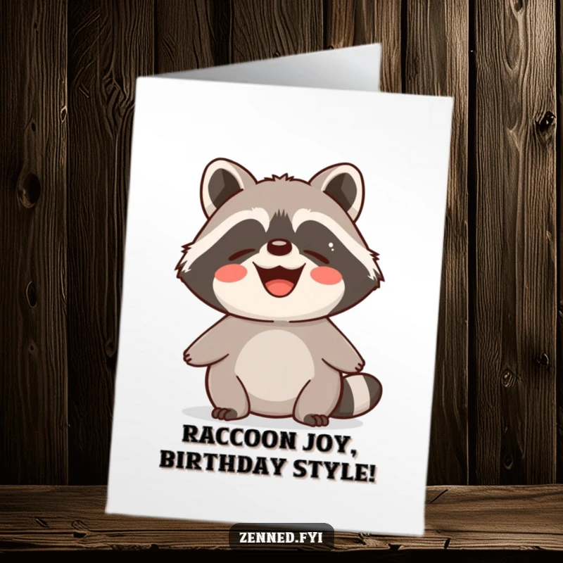 Funny Free Printable Birthday Card: Delighted raccoon exuding calm, contented energy. A peaceful yet amusing birthday wish.