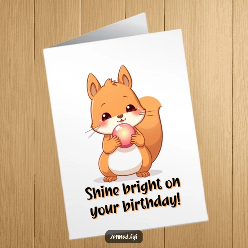 Funny Free Printable Birthday Card: A content squirrel holds a small, glowing orb, radiating birthday cheer.