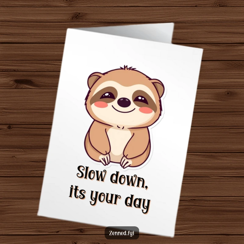 Funny Free Printable Sloth Birthday Card featuring a smiling sloth in a state of calm, wishing a happy birthday.
