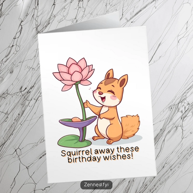 Funny Free Printable Birthday Card featuring a giggling squirrel reaching for a floating lotus flower, embodying pure delight.