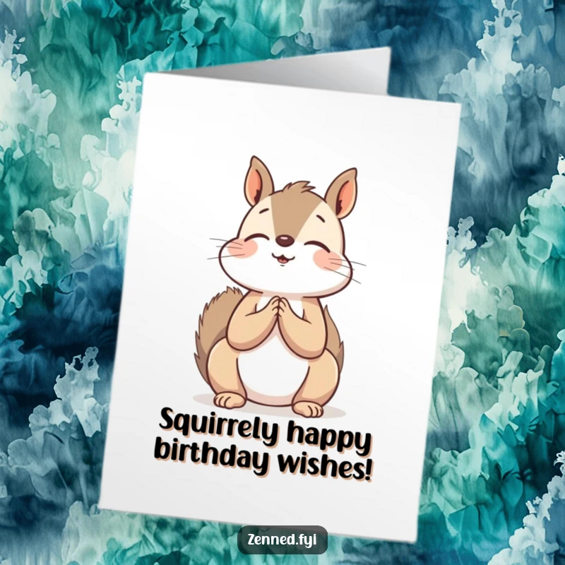 Funny Free Printable Birthday Card featuring a peaceful squirrel with clasped hands, looking upwards in serene contemplation.