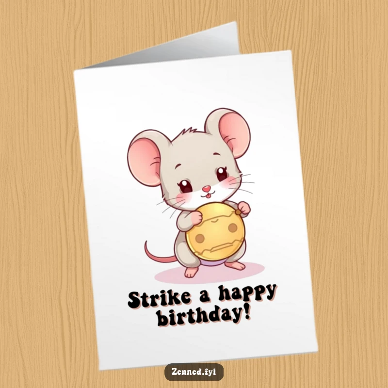 Funny Free Printable Birthday Card: Playful mouse tapping a gong with a mallet, announcing happy birthday with joy.