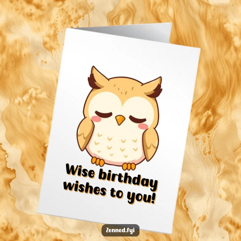Funny Free Printable Kawaii Owl Birthday Card, breathing deeply with a gentle smile, conveying peaceful wishes.
