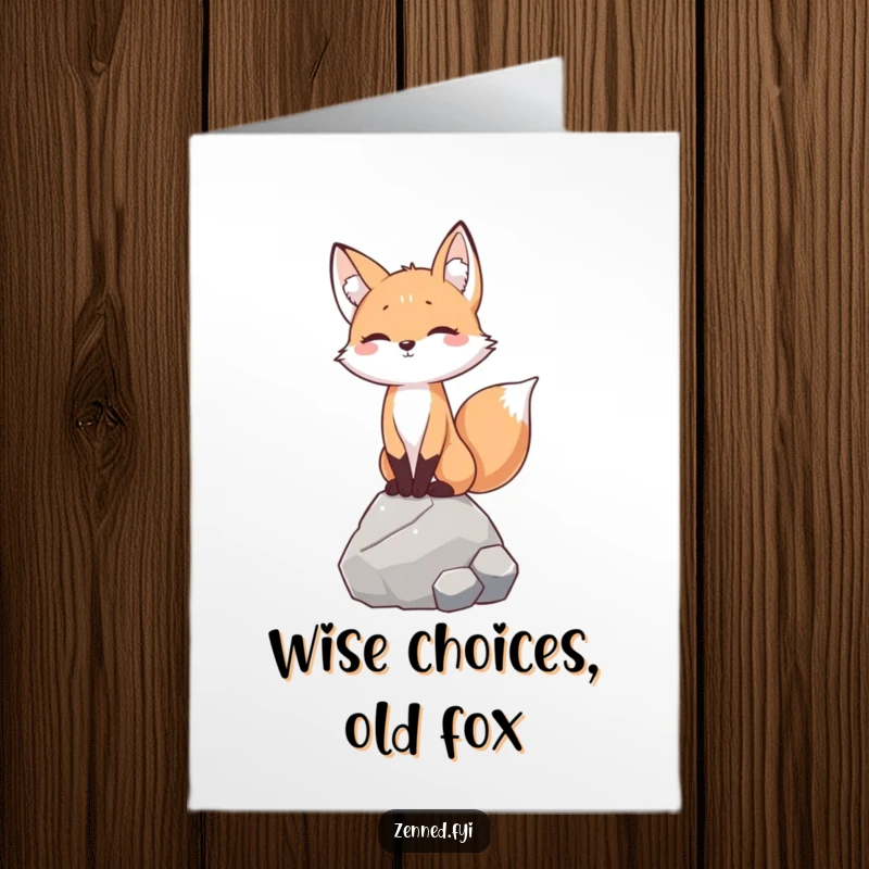 Free Printable Birthday Card: Smiling fox character gracefully balancing on a rock, exuding calm.
