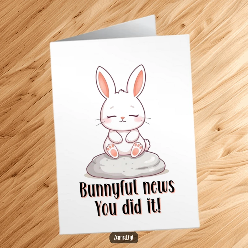 Funny Free Printable Congratulations Card showing a tranquil white rabbit meditating, perfect for acknowledging achievements with a calm vibe.