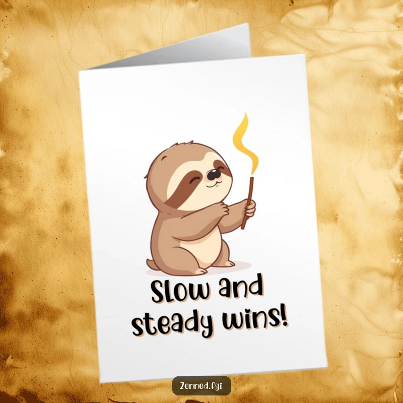Free Printable Congrats Card: Content sloth reaching for incense, perfect for congratulating a slow and steady win. Downloadable.