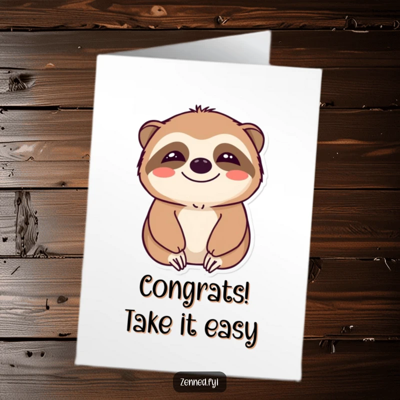 Funny Free Printable Sloth Congrats Card showing a smiling sloth in calm, celebrating success at its own pace.