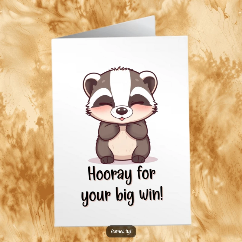 Funny Free Printable Congratulations Card showing a happy badger breathing deeply, celebrating success calmly.