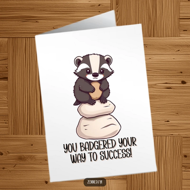 Funny Free Printable Congratulations Card of a determined badger balancing on pebbles, signifying a job well done and stability.