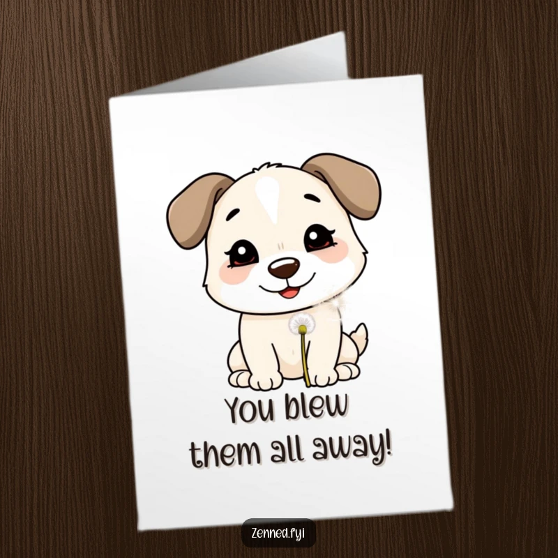 Funny Free Printable Congratulations Card: A smiling dog gently blowing on a dandelion puff, a hopeful downloadable card for success.