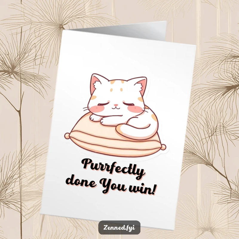 Funny Free Printable Congratulations Card: a content cat asleep on a cushion, celebrating achievement with cozy humor for your DIY gift.