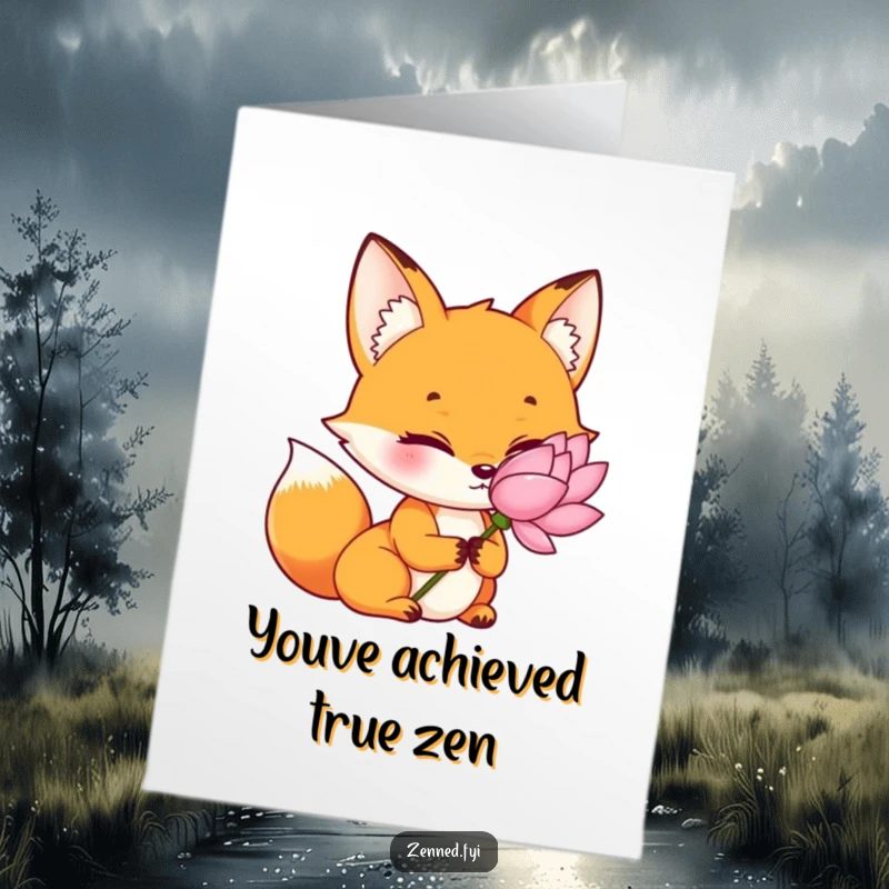 Funny Free Printable Congratulations Card: Orange Fox with Tranquil Gaze Holding a Delicate Lotus Flower