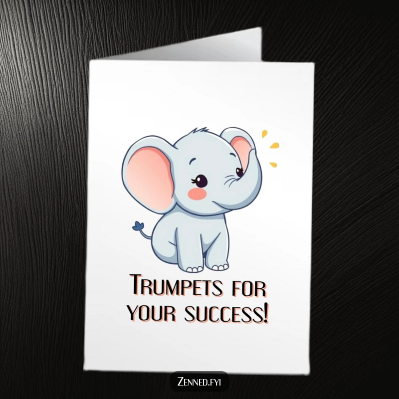 Funny Free Printable Congrats Card: A cheerful elephant sounds a serene horn, heralding your wonderful accomplishment with joy.