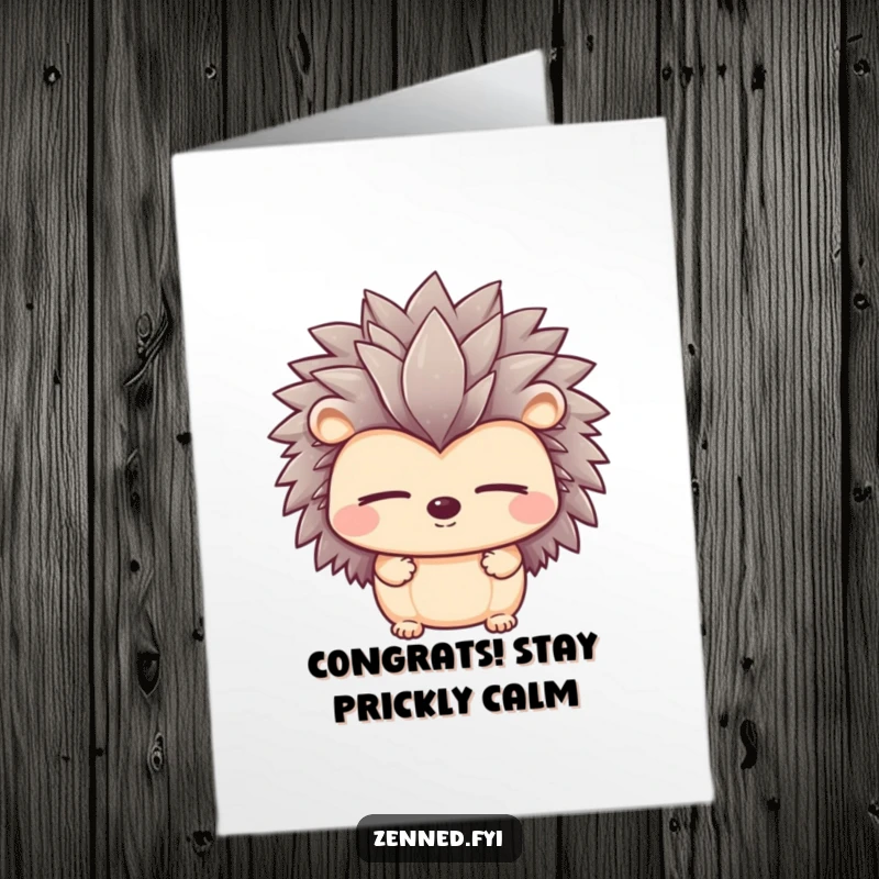 Funny Free Printable Hedgehog Congrats Card showing a peaceful hedgehog with closed eyes, celebrating success serenely.