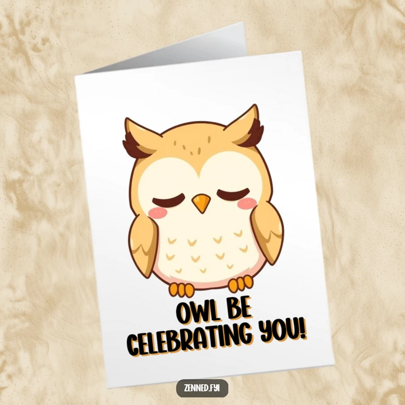 Funny Free Printable Kawaii Owl Congratulations Card, breathing deeply with a gentle smile, offering serene congrats.