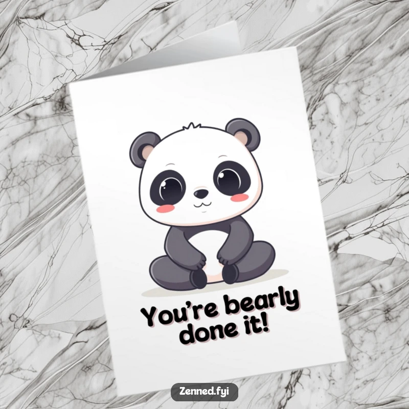 Funny Free Printable Kawaii Panda Congratulations Card, in a deep lotus pose, celebrating success with calm.