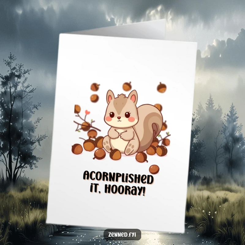 Funny Free Printable Kawaii Squirrel Congratulations Card, sitting playfully with acorns, celebrating success with flair.