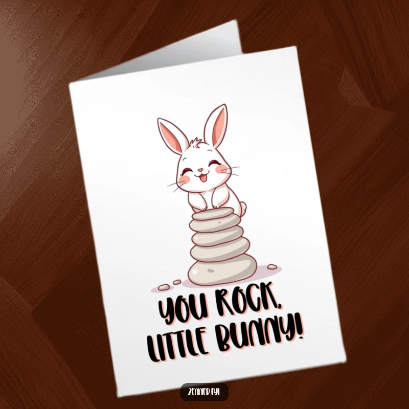Funny Free Printable Congrats Card: A giggling rabbit demonstrates amazing balance, stacking smooth stones to mark your achievement.