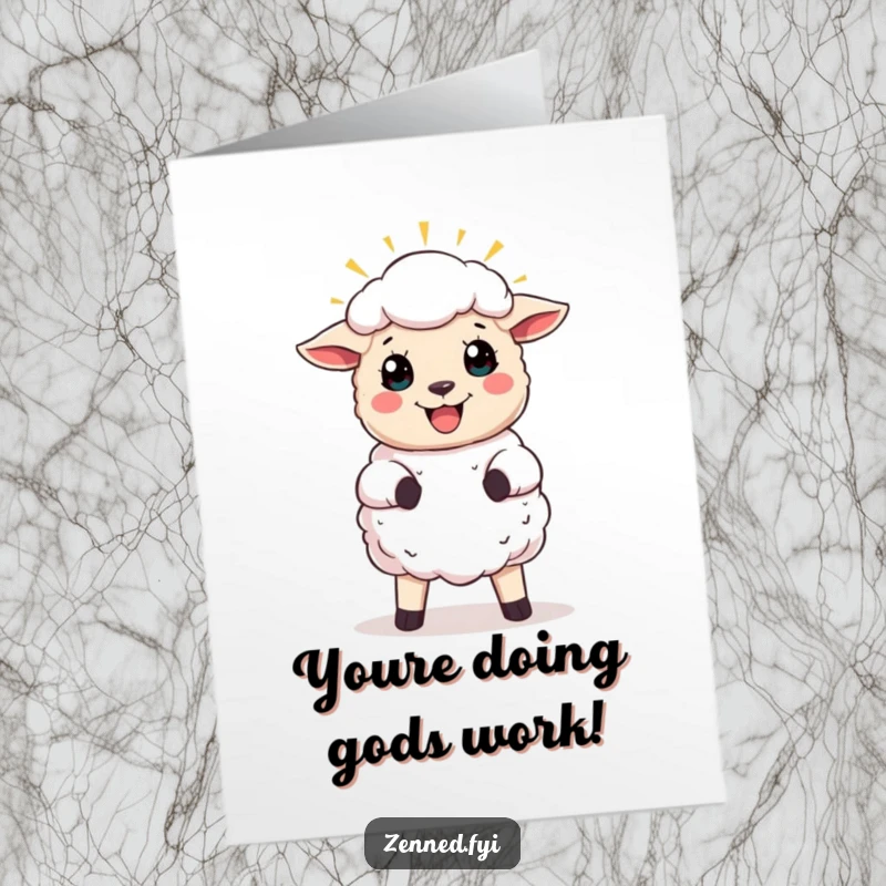 Funny Free Printable Sheep Congrats Card showing a joyful sheep with a halo, sharing in the celebration.