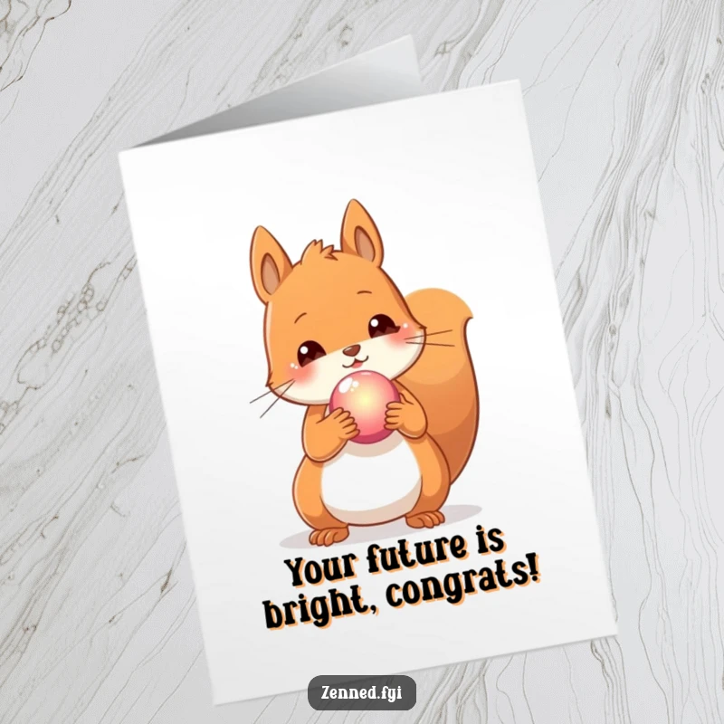 Free Printable Congratulations Card: A contented squirrel holds a glowing orb, symbolizing their brilliant achievement.