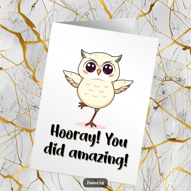 Free Printable Congratulations Card: A cute kawaii owl perfectly balances on one leg, symbolizing grace and achievement.