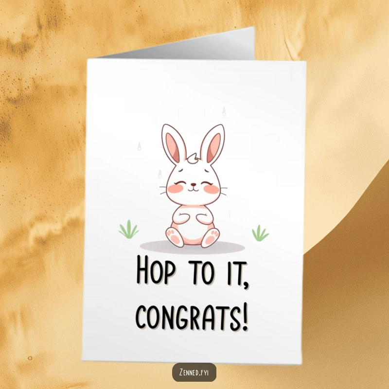 Free Printable Congratulations Card: Smiling rabbit meditating serenely under gentle rain, symbolizing calm success.