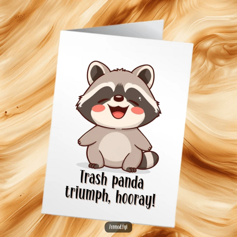 Funny Free Printable Congrats Card: Delighted raccoon radiating calm and contented energy, perfect for celebrating any milestone.