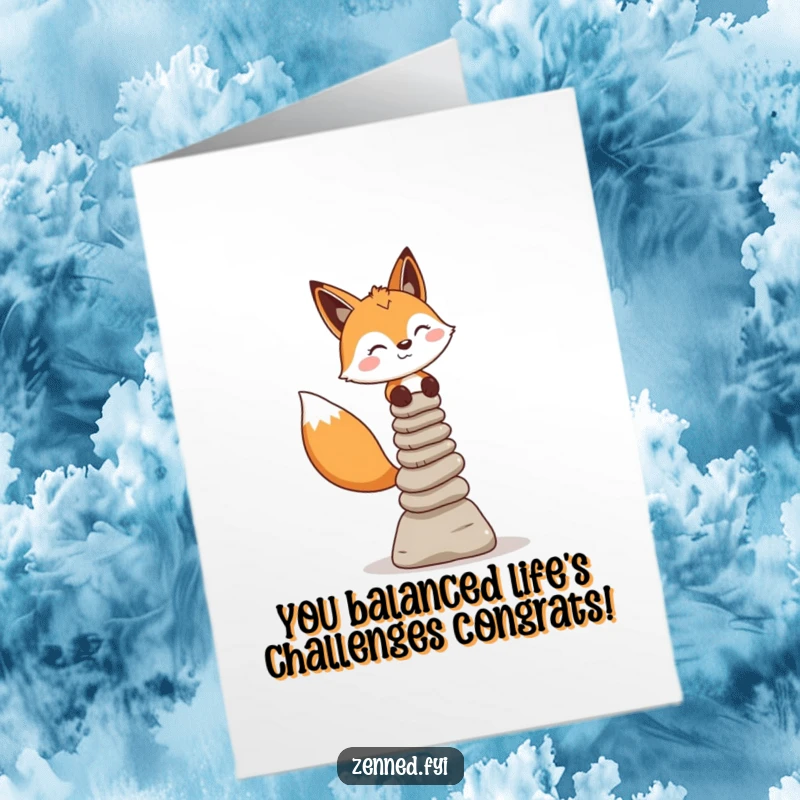 Funny Free Printable Congratulations Card: Playful fox masterfully balances stone cairns, celebrating success.